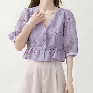Eyelet Elbow-sleeve V-neck Cropped Blouse