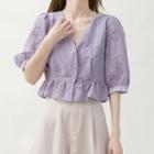 Eyelet Elbow-sleeve V-neck Cropped Blouse