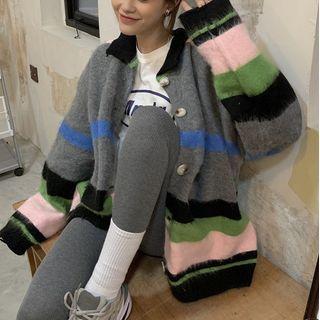 Color Block Collared Cardigan Stripe - Gray & Black & Pink - One Size