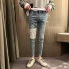 Lettering Distressed Cropped Skinny Jeans