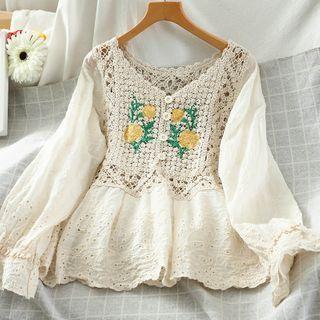 Embroidered Knit Panel Top
