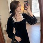 Long-sleeve Embellished Midi A-line Velvet Dress