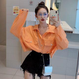 Plain Long-sleeve Cropped Blouse