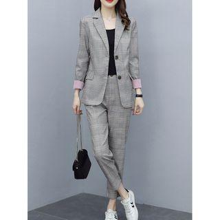 Set: Plaid Single-breasted Blazer + Cropped Dress Pants