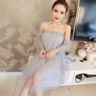 3/4-sleeve Off Shoulder Mini Sheer Dress