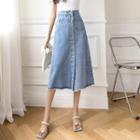 Frayed Button-up Denim Midi Skirt