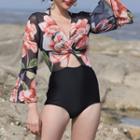 Bell-sleeve Floral Swimsuit