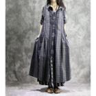 Long-sleeve Plaid Maxi Shirt Dress Gray - One Size