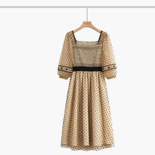 3/4-sleeve Dotted Mesh Overlay A-line Dress