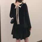Long-sleeve Bow Back Velvet A-line Dress