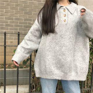 Long-sleeve Button-front Collared Knit Top