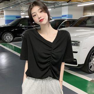 Short-sleeve V-neck Asymmetrical Shirred Top