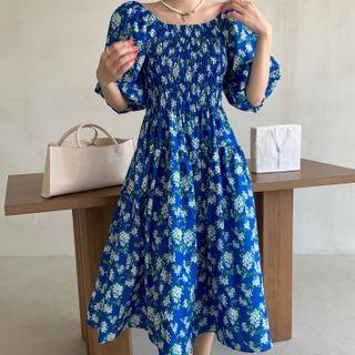 Elbow-sleeve Floral A-line Dress Blue - One Size