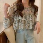 Long-sleeve Ruffle Trim Floral Chiffon Blouse Floral - One Size