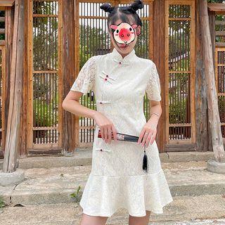 Short-sleeve Lace Ruffle Hem Mini Qipao