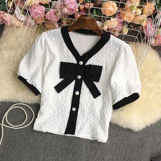Puff-sleeve Contrast Trim Top White - One Size