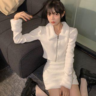 Fluffy Trim Cropped Zip Cardigan / Knit Mini Fitted Skirt
