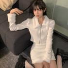 Fluffy Trim Cropped Zip Cardigan / Knit Mini Fitted Skirt