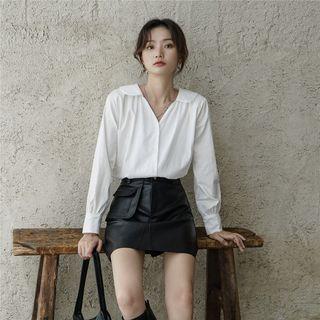 Long-sleeve Open-collar Blouse White - One Size