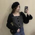 Square-neck Plaid Button-up Blouse Black - One Size