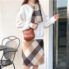Set: Long Sleeve Lettering Pullover + High Waist Check Skirt + Check Scarf Set Of 3 - One Size