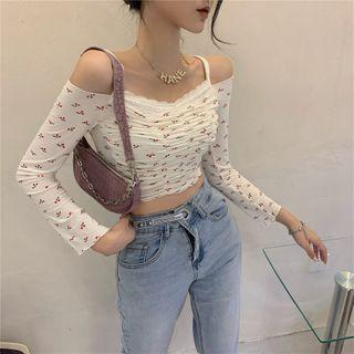 Long-sleeve Mock-two-piece Cherry Print T-shirt