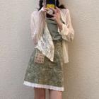 Ruched Camisole Top / Patterned Mini A-line Skirt / Cardigan