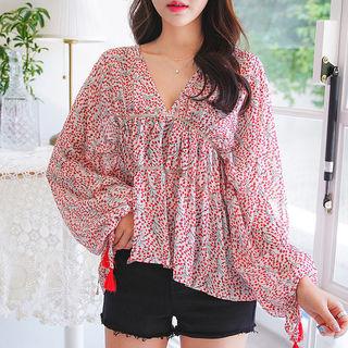 V-neck Patterned Peasant Blouse