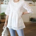 3/4-sleeve Perforated Top Ivory - One Size