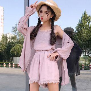 Plain Shirt/ Set: Lace Trim Camisole Top + Shorts