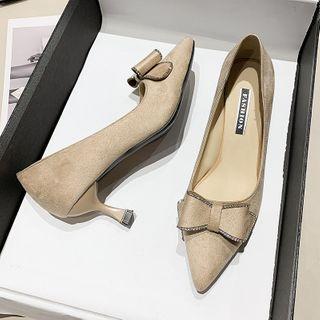 Bow Rhinestone Pointed Kitten Heel Pumps