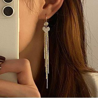 Heart Chain Drop Earring 1 Pair - 925 Silver Stud - Gold - One Size