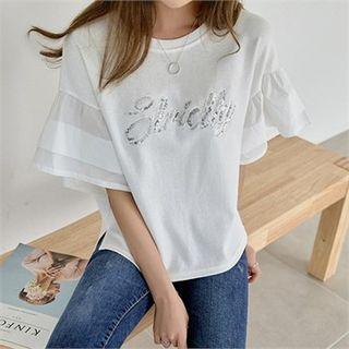 Ruffle-sleeve Sequined Letter T-shirt