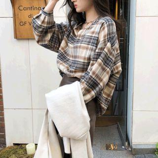 Drop-shoulder Plaid Blouse Beige - One Size