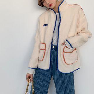 Color-block Trim Faux-shearling Long-sleeve Coat