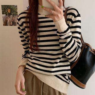 Long-sleeve Striped Mock-neck Knit Top Stripe - Black & White - One Size