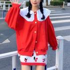 Collared Buttoned Jacket / Cherry Print Mini Skirt