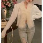 Furry Trim Knit Jacket White - One Size
