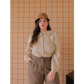 Layered-collar Balloon-sleeve Corduroy Blouse