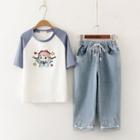 Short-sleeve Printed Raglan T-shirt / Straight-fit Capri Jeans / Set
