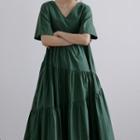 Short-sleeve Tiered Maxi A-line Dress Emerald - One Size