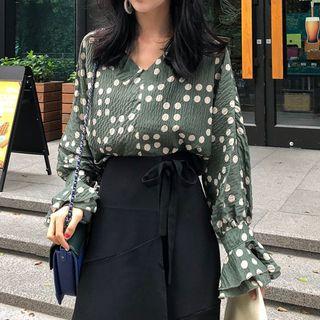 V-neck Dotted Blouse / High Waist Midi A-line Skirt