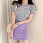 Contrast Trim Plaid Knit Top + High-waist Plain Skirt As Shown In Figure - One Size
