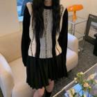 Long-sleeve Asymmetrical Panel Striped Knit Sweater Black - One Size