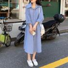 Long-sleeve Striped Loose-fit Shirtdress As Figure - One Size