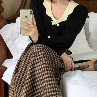 Balloon-sleeve Double-breasted Cardigan / Houndstooth A-line Mini Skirt