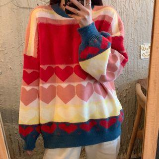 Heart Print Color Block Sweater Pink & Red & Blue - One Size