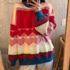 Heart Print Color Block Sweater Pink & Red & Blue - One Size