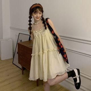 Spaghetti Strap Ruffle Mini A-line Dress Light Yellow - One Size