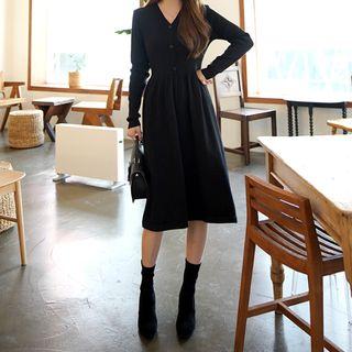 V-neck Gathered-waist Midi Knit Dress